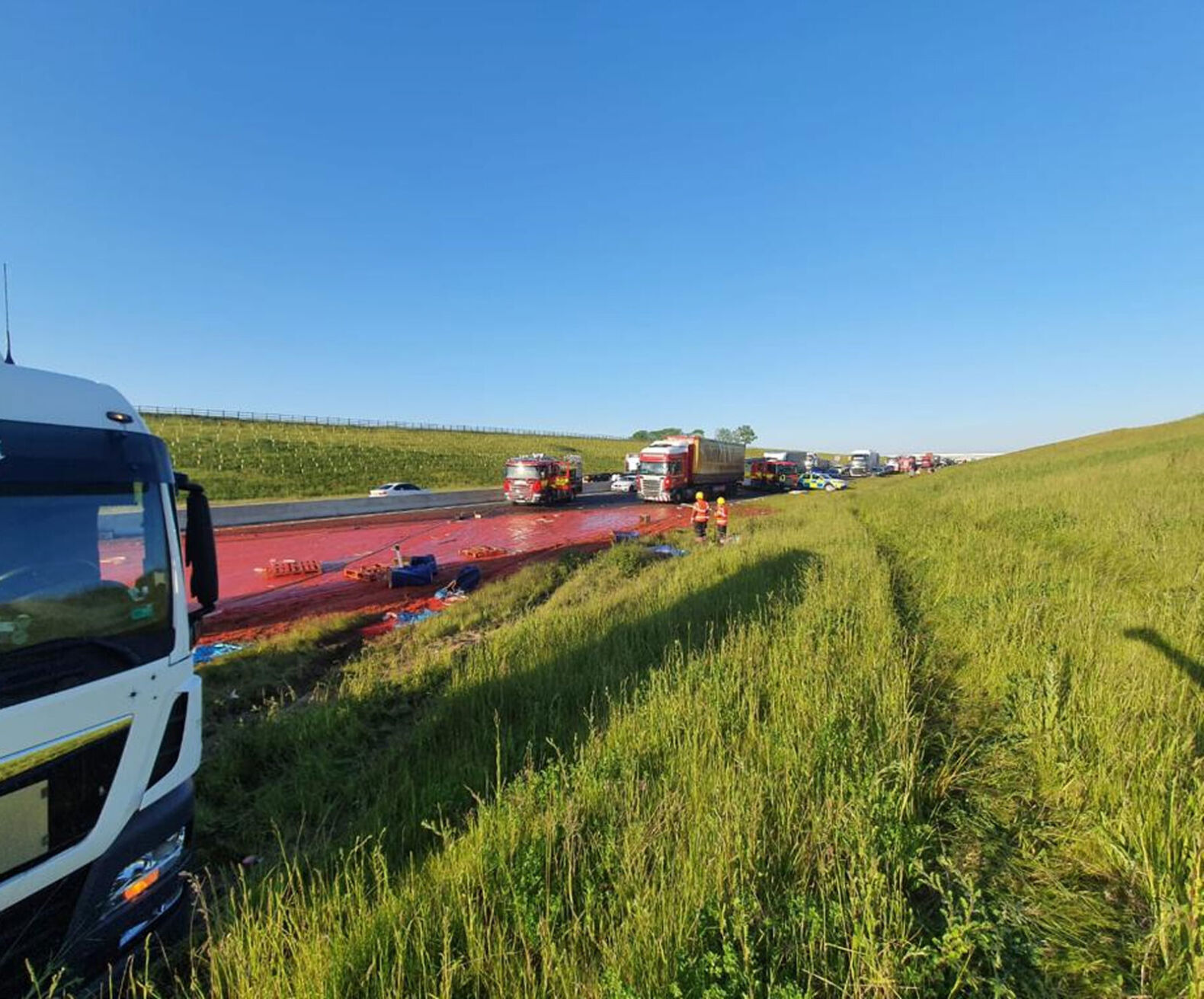 Truck carrying tomato puree crashes, turning road red